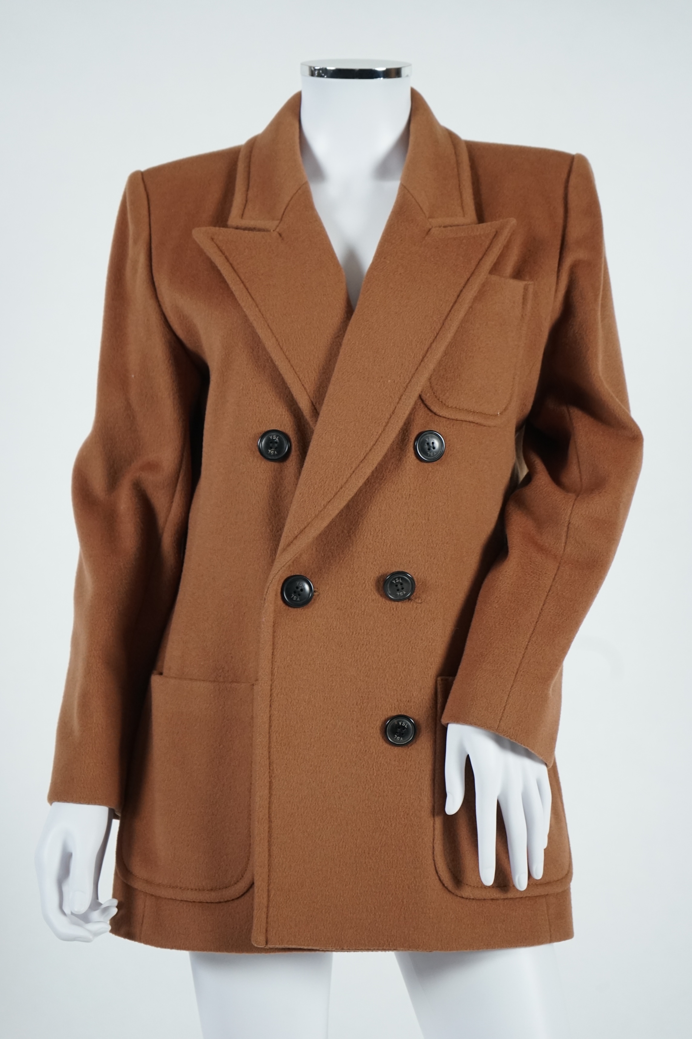 A vintage Yves Saint Laurent variation lady's dark tan double breasted coat, F 40 (UK 12). Proceeds to Happy Paws Puppy Rescue